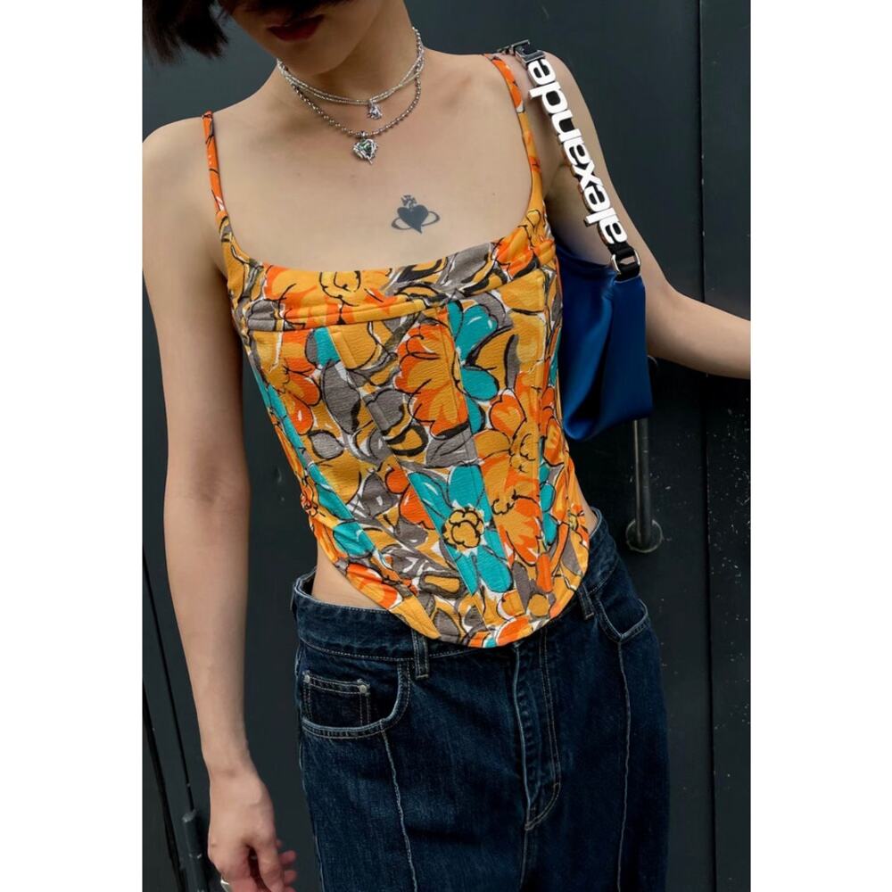 Miaou‎ V Corset Bustier Top in Parisian Flower Orange Vogue LA Hollywood Luxury
